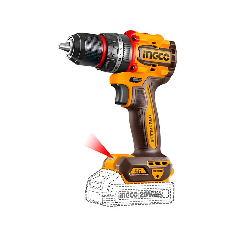 Taladro percutor inalámbrico 1/2 pulgadas Brushless 20 V 55 Nm Ingco, detalle del indicador de luz LED frontal encendido