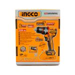 Taladro percutor inalámbrico 1/2 pulgadas Brushless 20V 55Nm Ingco, caja frontal con ilustración del equipo