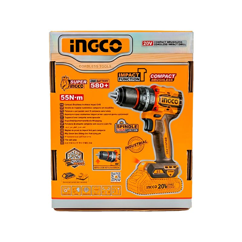 Taladro percutor inalámbrico 1/2 pulgadas Brushless 20V 55Nm Ingco, caja frontal con ilustración del equipo