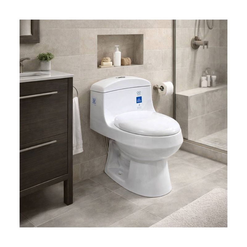 Sanitario Montecarlo OP elong push 4.8 lts Corona, inodoro blanco de una pieza instalado en un baño moderno
