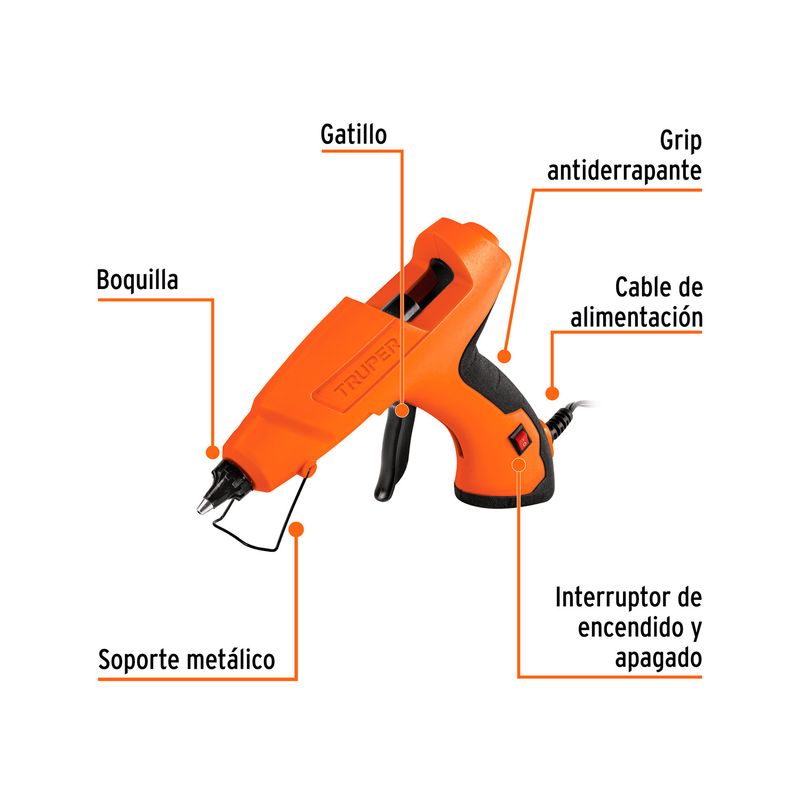 Pistola eléctrica para silicón 80 W 1/2" 110 V Truper, diagrama con etiquetas que señalan las partes del equipo