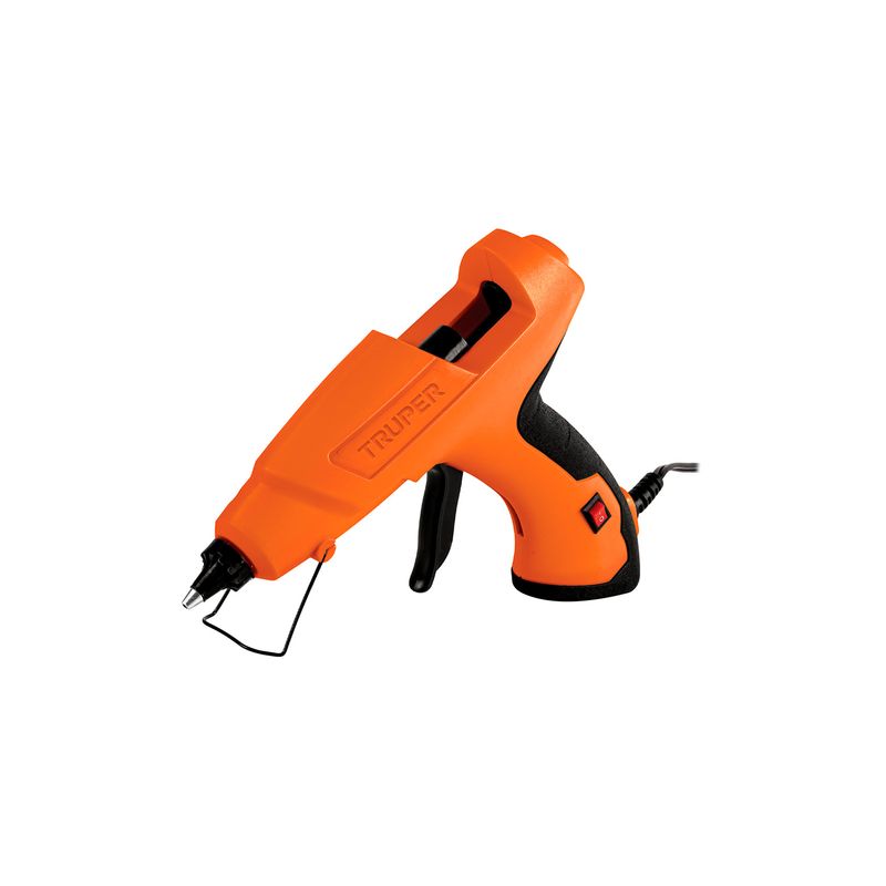 Pistola eléctrica para silicón Truper de 80 W, 1/2 pulgada y 110 V, vista lateral en color naranja y negro