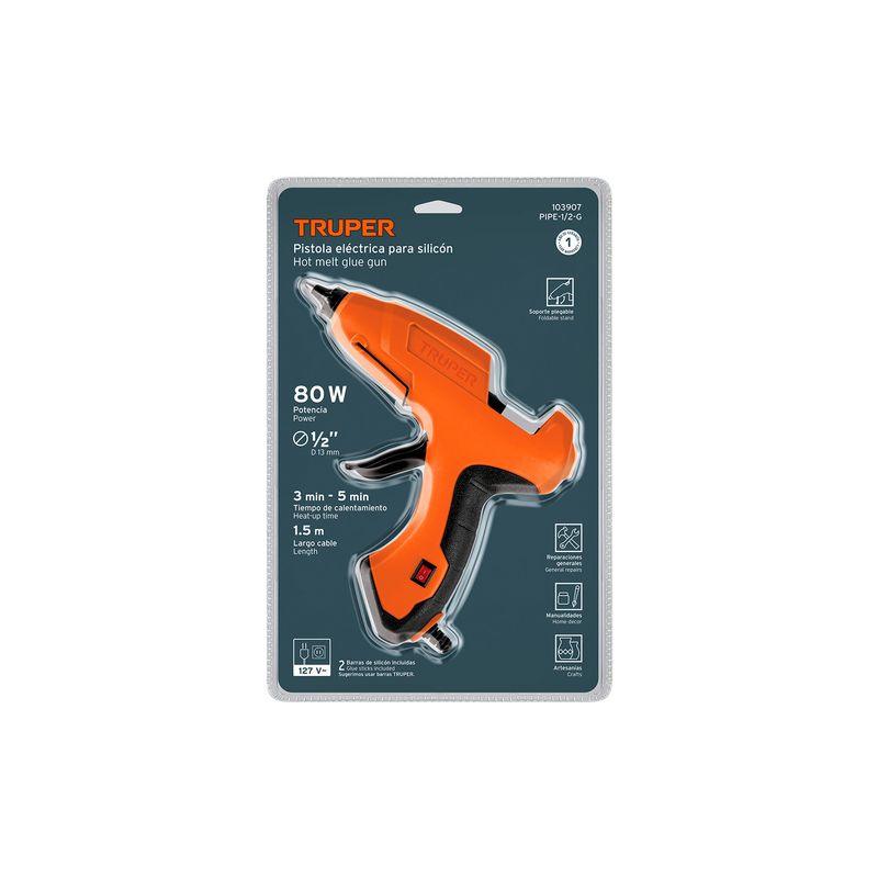 Pistola eléctrica para silicón 80 W 1/2" 110 V Truper, en su empaque blíster con especificaciones técnicas