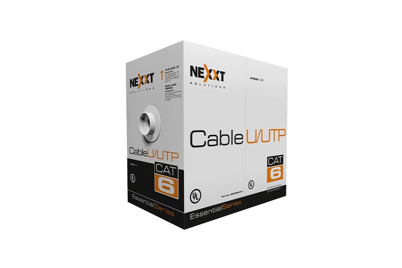 Cable UTP 4 par CMX CAT6 caja 102 m Nexxt, vista frontal y lateral de la caja blanca con letras negras y naranjas