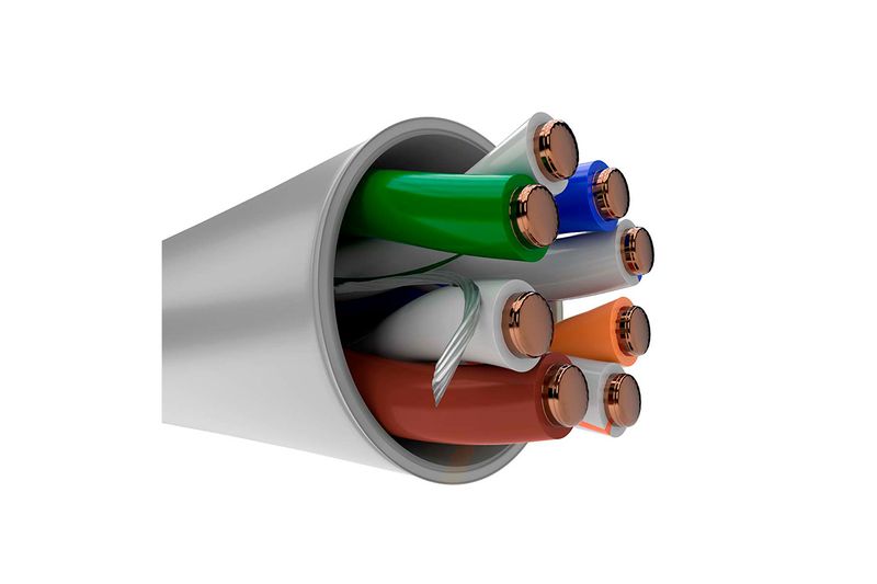 Cable UTP 4 par CMX Cat6 caja 102 m Nexxt, primer plano del corte transversal mostrando los pares de hilos de colores