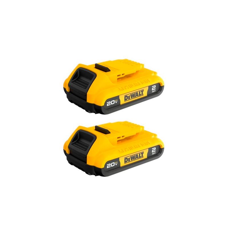 Taladro percutor 1/2 inalámbrico XR DeWALT de 20 V y 2 baterías, vista lateral de las dos baterías amarillas y negras