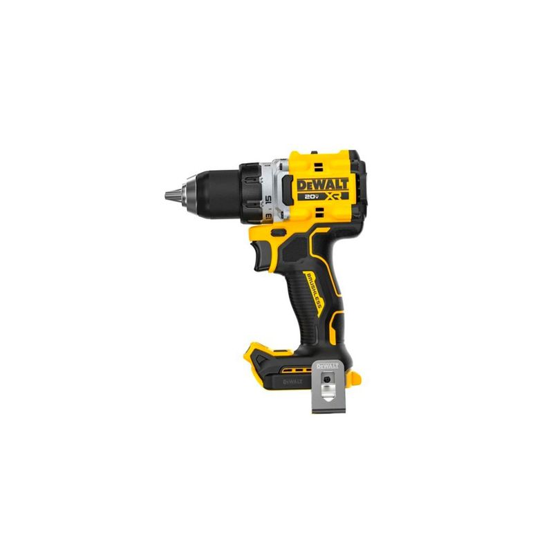 Taladro percutor 1/2 inalámbrico XR DeWALT de 20 V y 2 baterías, vista lateral del equipo sin batería instalada