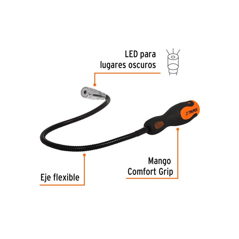 Imán extensible de acero con LED 3.4 kg Truper, infografía con flechas señalando el eje flexible, el LED y el mango