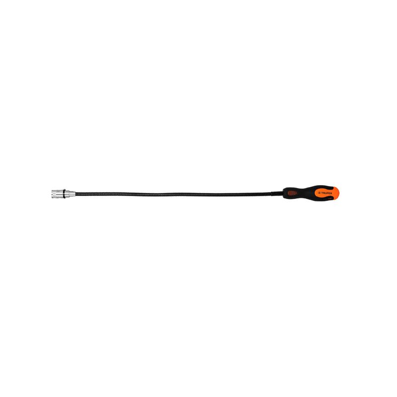 Imán extensible de acero con LED 3.4 kg Truper, vista lateral completa con mango negro y naranja y punta metálica