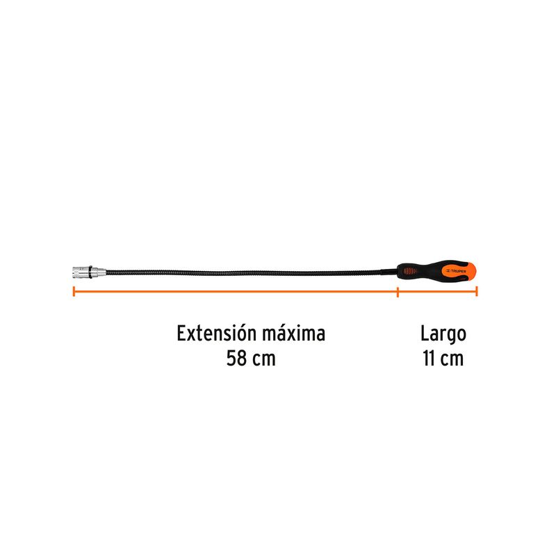 Imán extensible de acero con LED 3.4 kg Truper, gráfico con medidas de extensión máxima 58 cm y largo 11 cm