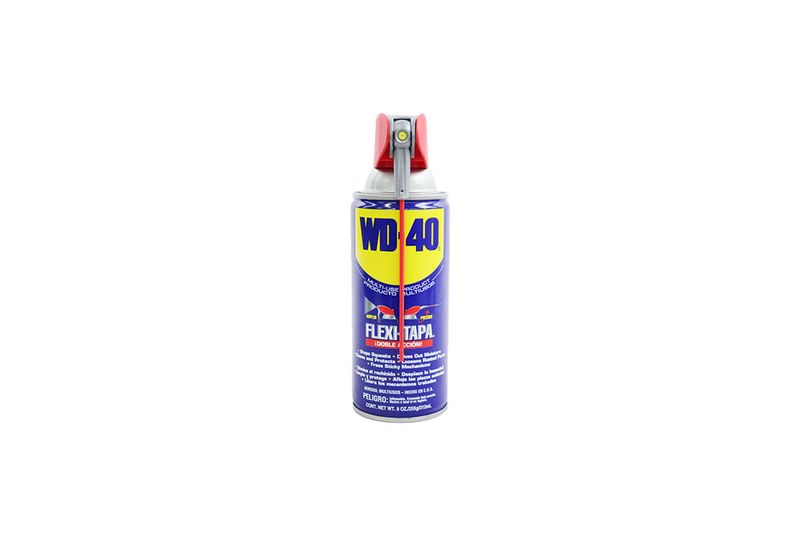 Lubricante Flexi-Tapa 9 onzas WD-40, envase cilíndrico azul y amarillo con boquilla roja en la parte superior