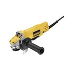 Esmeriladora angular eléctrica DeWALT de 4-1/2 pulgadas y 900 W, vista lateral con mango auxiliar y cable eléctrico