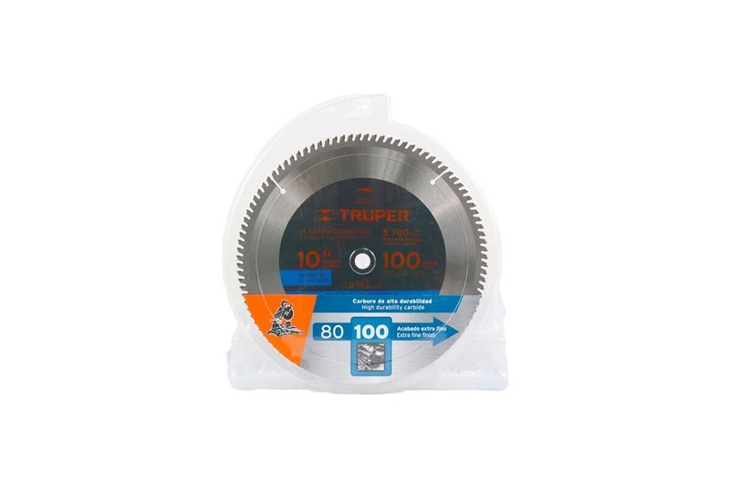 Disco Truper de 10 pulgadas y 100 dientes para sierra de aluminio, dentro de su empaque plástico protector