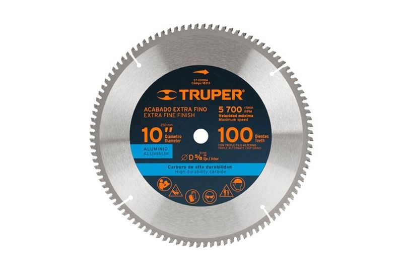 Disco sierra Truper de 10 pulgadas y 100 dientes para aluminio, vista frontal del disco con centro azul y negro