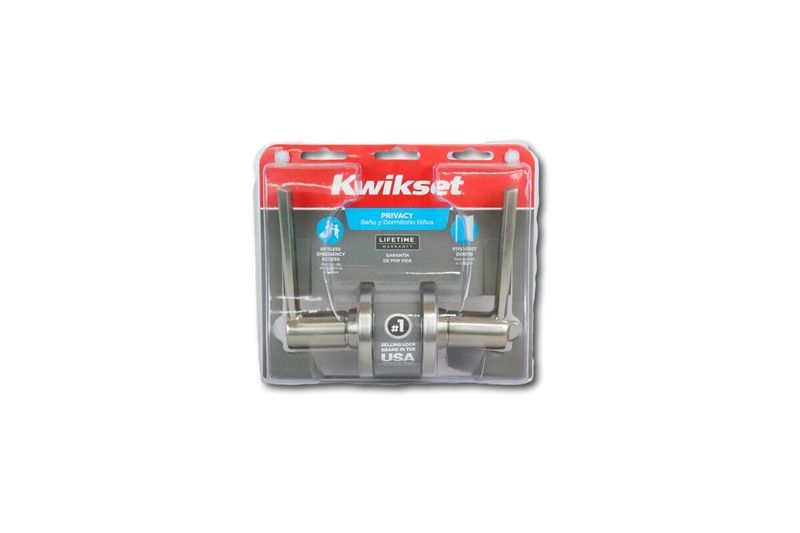 Cerradura manecilla baño Westley satín níquel Kwikset, producto en su empaque plástico con caja roja y blanca