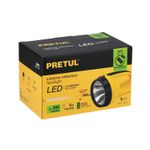 Linterna de mano LED recargable 5 LEDs 260 lm Pretul, vista frontal de la caja con especificaciones técnicas