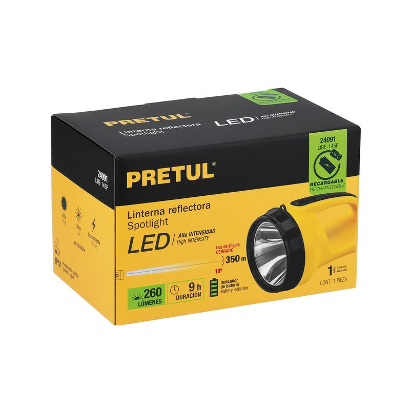 Linterna de mano LED recargable 5 LEDs 260 lm Pretul, vista frontal de la caja con especificaciones técnicas