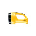 Linterna de mano LED recargable 5 LEDs 260 lm Pretul, vista lateral del cuerpo amarillo con asa y logo de la marca