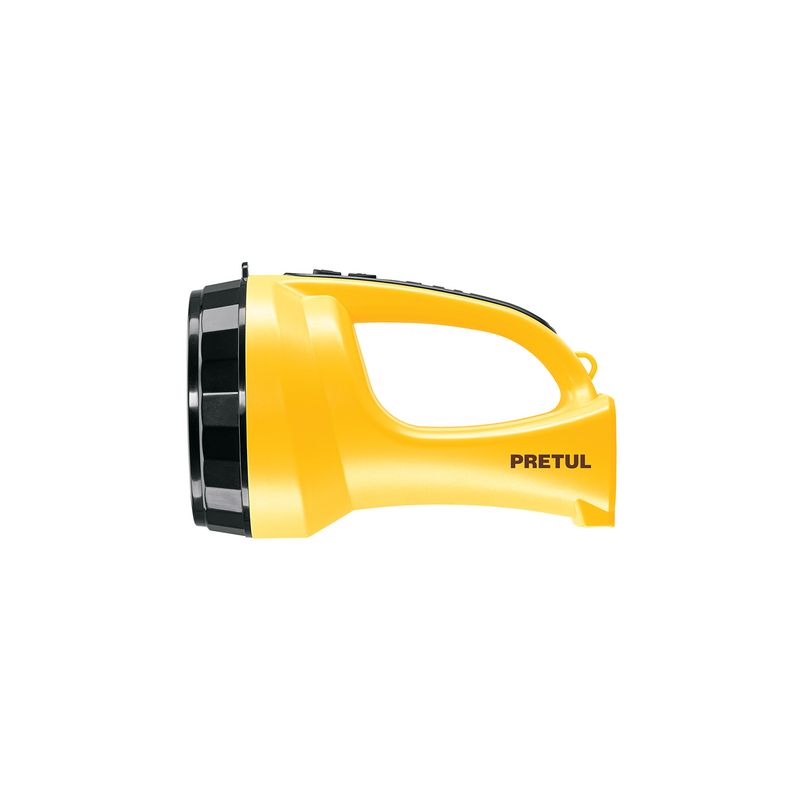 Linterna de mano LED recargable 5 LEDs 260 lm Pretul, vista lateral del cuerpo amarillo con asa y logo de la marca
