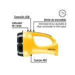 Linterna de mano LED recargable 5 LEDs 260 lm Pretul, gráfico con etiquetas que señalan sus funciones y cuerpo ABS amarillo