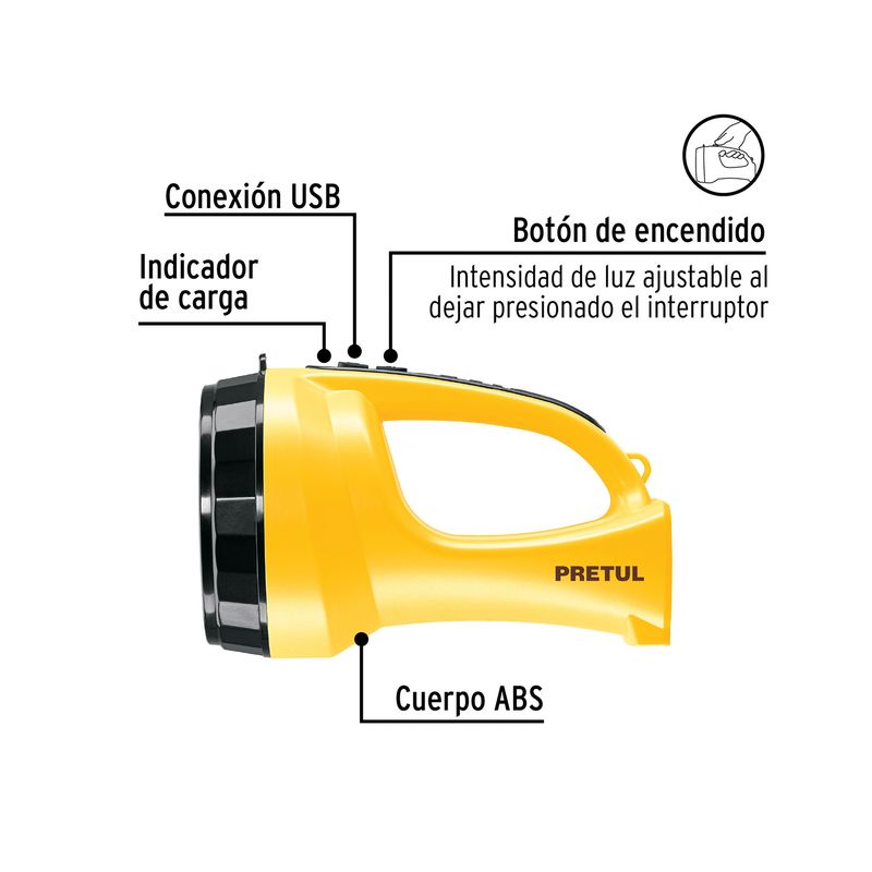 Linterna de mano LED recargable 5 LEDs 260 lm Pretul, gráfico con etiquetas que señalan sus funciones y cuerpo ABS amarillo