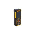 Medidor de distancia láser 100 mts DeWalt, vista frontal del dispositivo en color amarillo y negro con pantalla digital