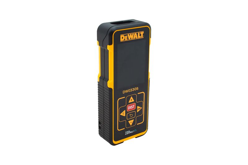 Medidor de distancia láser 100 mts DeWalt, vista frontal del dispositivo en color amarillo y negro con pantalla digital