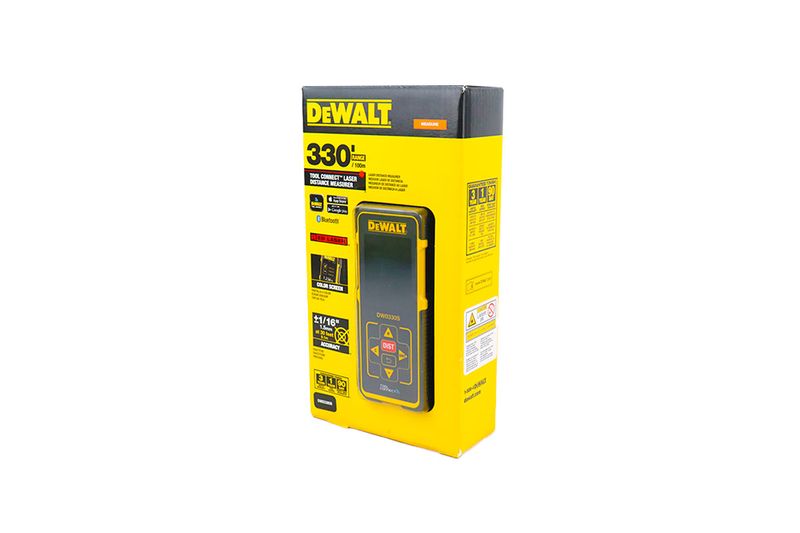 Medidor de distancia láser 100 mts DeWalt, caja amarilla y negra con ilustración del equipo en el frente