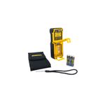 Medidor de distancia láser 100 mts DeWALT, vista trasera con compartimento de batería abierto, pilas y estuche negro