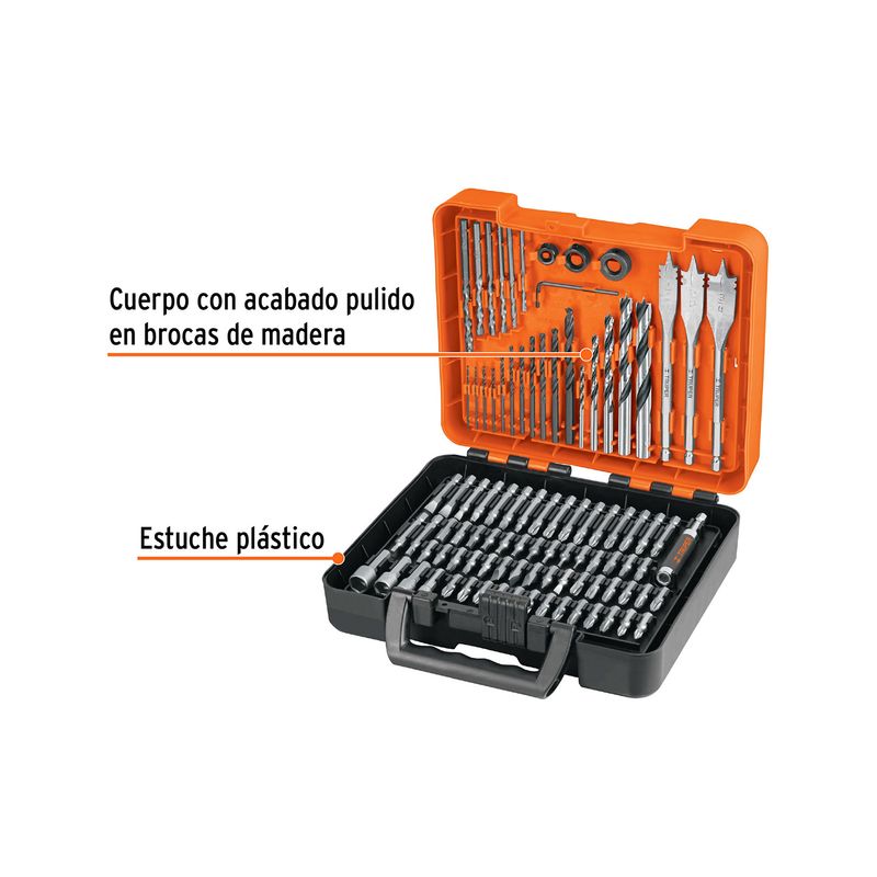 Juego de brocas y puntas Truper de 100 piezas, estuche plástico abierto con etiquetas descriptivas y flechas naranjas