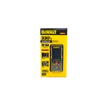 Medidor de distancia láser 100 mts DeWALT, empaque frontal amarillo con ilustración del dispositivo y especificaciones