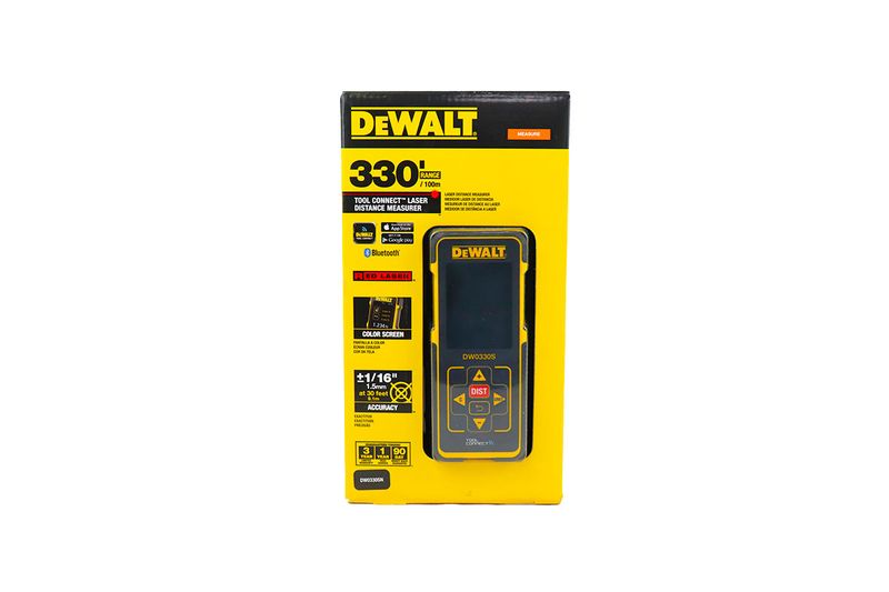 Medidor de distancia láser 100 mts DeWALT, empaque frontal amarillo con ilustración del dispositivo y especificaciones