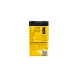 Medidor de distancia láser 100 mts DeWALT, parte posterior del empaque amarillo con tabla de especificaciones técnicas