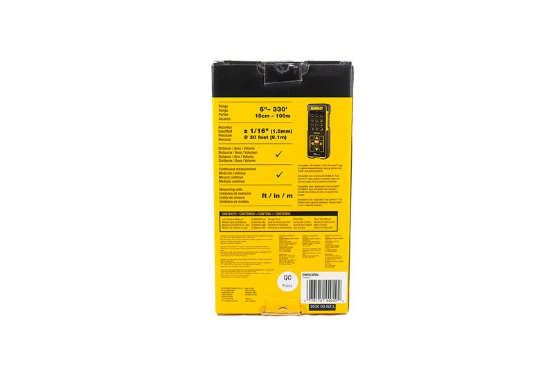 Medidor de distancia láser 100 mts DeWALT, parte posterior del empaque amarillo con tabla de especificaciones técnicas