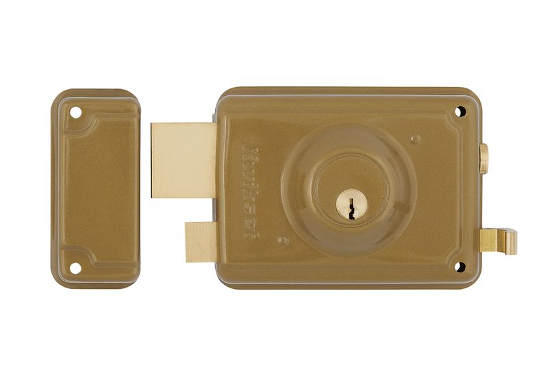 Cerradura parche metal/madera cilindro suelto derecha Kwikset, vista frontal del cuerpo y contraplaca en color latón