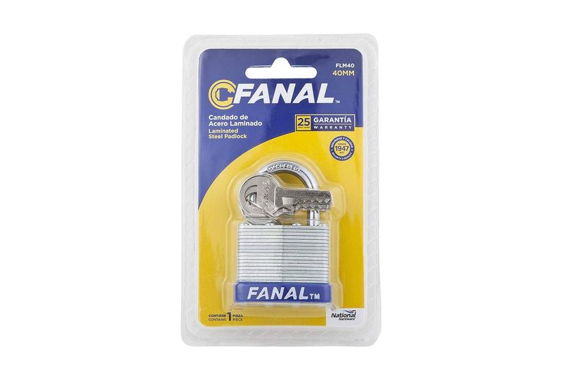 Candado acero laminado 40 mm cuello corto Fanal, en su empaque plástico con llave insertada