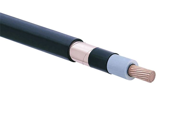 Cable de cobre XLPE 15 kV 1/0 100% AWG chaqueta PVC Viakon, primer plano del corte transversal mostrando capas y núcleo