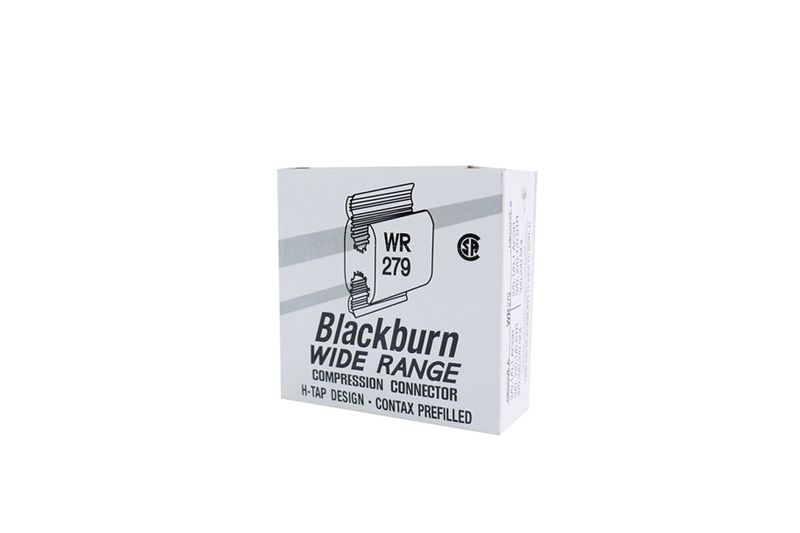 Conector de compresión tipo H Burndy caja 4 principal 2/0-1 derivación 2/0A1, en su empaque de cartón blanco Blackburn
