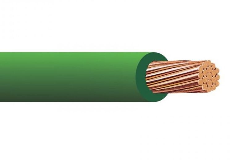 Cable THHN Phelps Dodge calibre 10 verde, vista lateral con corte transversal que muestra los hilos de cobre internos