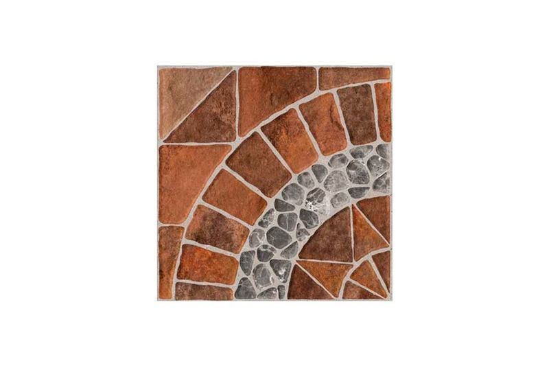 Baldosa 44x44 rojo geométrico Porcelanite, vista frontal de la pieza con diseño de mosaico en tonos rojizos y grises