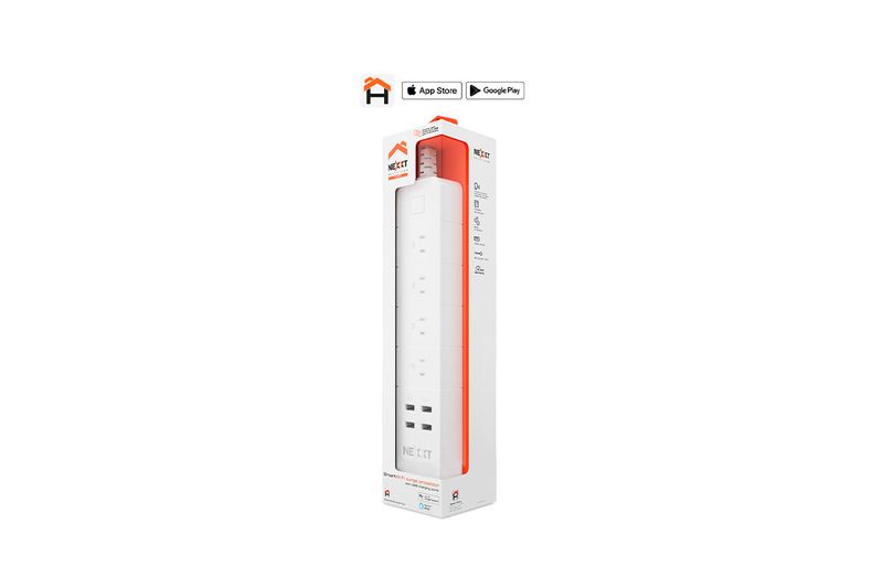 Regleta smart 4 puertos + 4 USB blanca Nexxt, en su empaque rectangular blanco con detalles en naranja