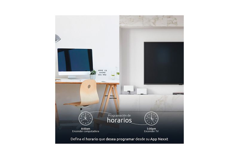 Regleta smart 4 puertos + 4 USB blanca Nexxt, gráfico informativo sobre programación de horarios con iconos de relojes