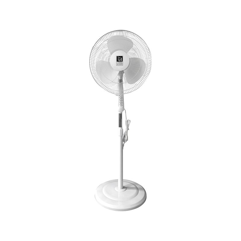 Abanico de pedestal 16 pulgadas 54 W 120 V blanco Living Accents, vista frontal completa sobre fondo blanco