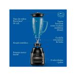 Licuadora vaso vidrio 1.5 L 800 W 6 vel gris Oster, infografía con despiece y descripción de sus componentes técnicos