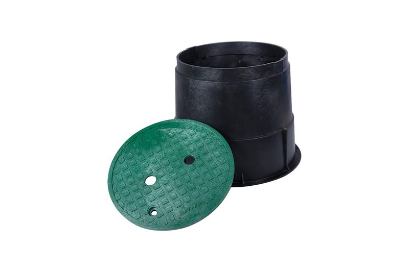 Caja de registro redonda 10 pulgadas con tapa verde para red de tierra Sinsa, cuerpo negro con tapa verde a un costado