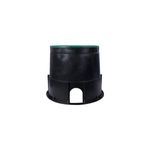 Caja de registro redonda 10 pulgadas con tapa verde para red de tierra Sinsa, vista frontal del cuerpo negro con apertura