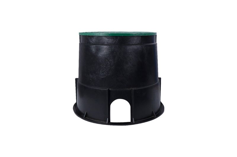Caja de registro redonda 10 pulgadas con tapa verde para red de tierra Sinsa, vista frontal del cuerpo negro con apertura