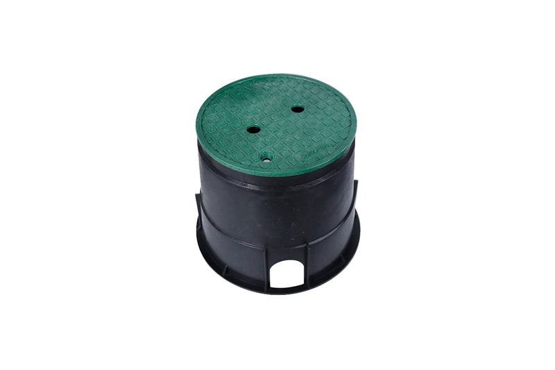 Caja de registro redonda 10 pulgadas con tapa verde para red de tierra Sinsa, vista en perspectiva del cuerpo negro