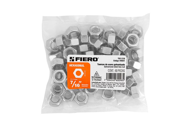Tuerca hexagonal 7/16 pulgadas 11 mm 60 piezas Fiero, bolsa plástica transparente con el producto y etiqueta frontal