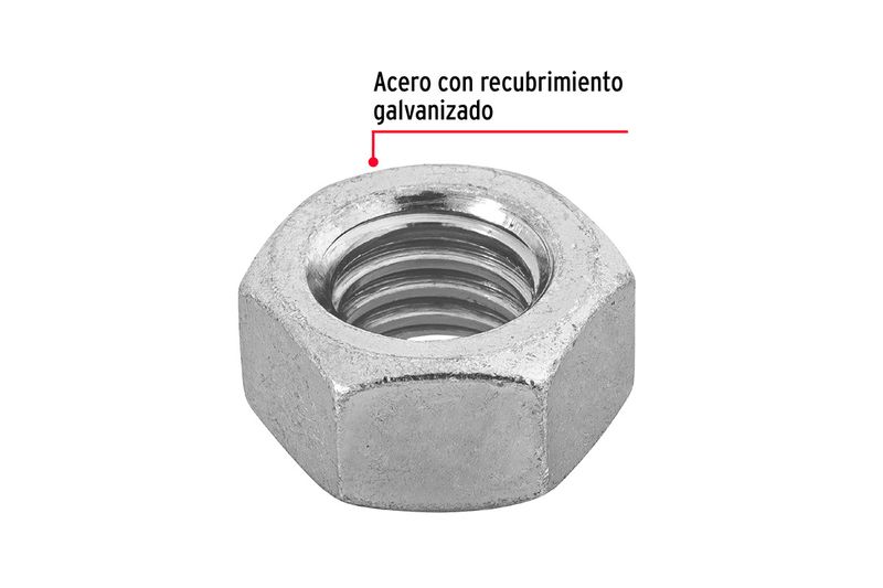 Tuerca hexagonal 7/16 pulgadas 11 mm 60 pza Fiero, primer plano con texto indicando acero con recubrimiento galvanizado